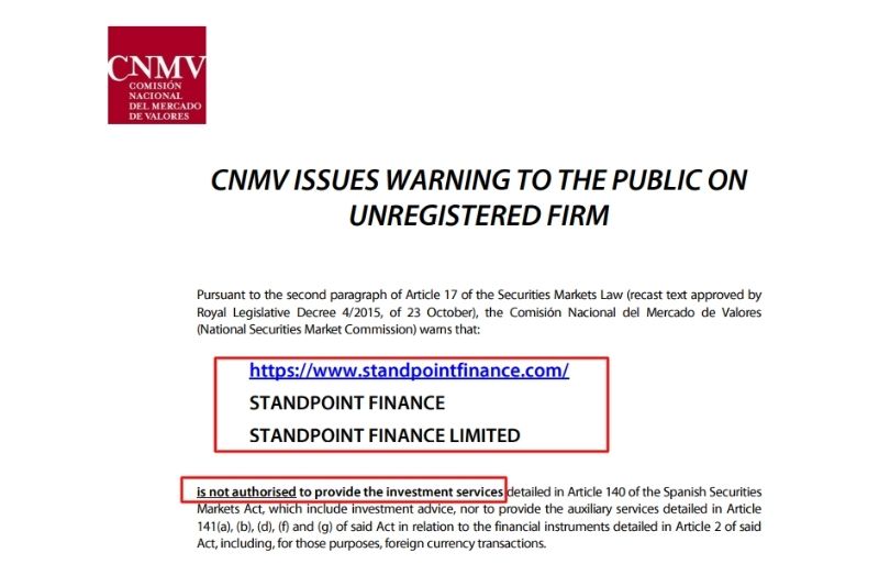 CNMV About StandPoint Finance Scam