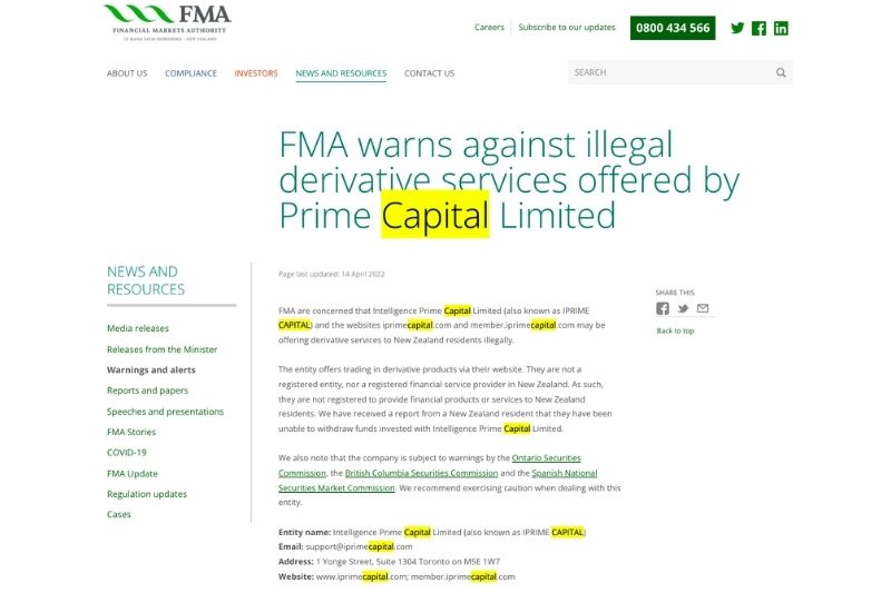 Intelligence Prime Capital Official Warnings Issued by FMA
